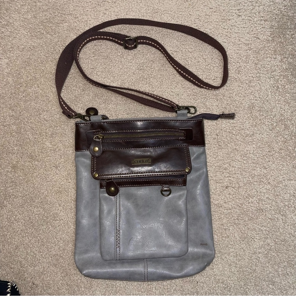 Chala Handbags Gray Brown Crossbody Bag Faux Leather Multi Pocket Boho Casual